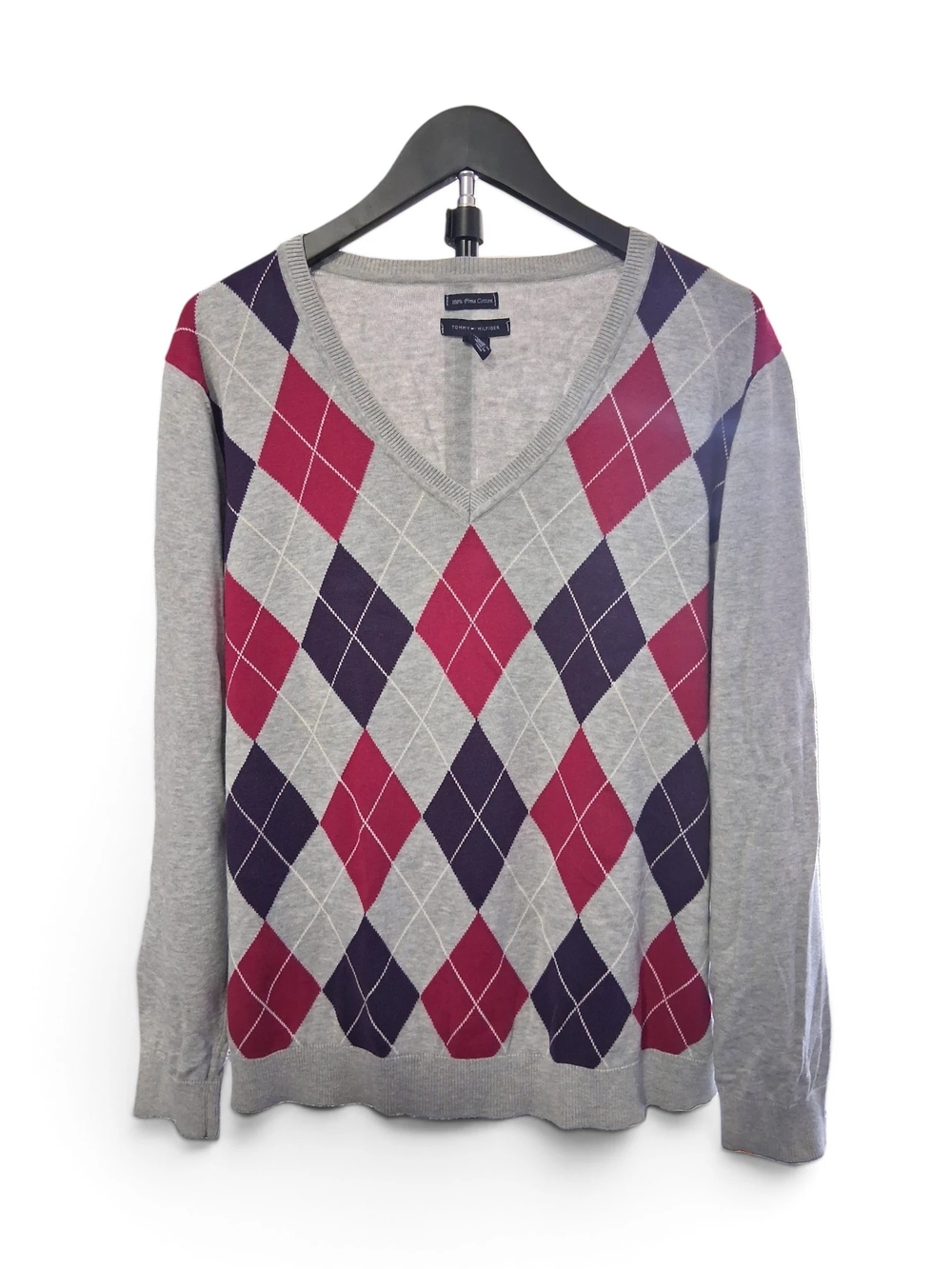 Tommy Hilfiger Gray Deep V-Neck Argyle Sweater Purple/Pink Women XL Long Sleeve